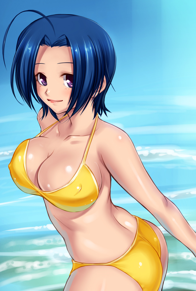 ass bad_anatomy bikini blue_hair breasts cleavage idolmaster idolmaster_(classic) idolmaster_2 large_breasts miura_azusa niku_(kimagureya) short_hair solo swimsuit