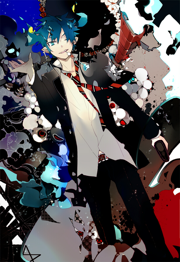 ao_no_exorcist aqua_eyes arm_at_side belt black_cat black_hair black_jacket black_pants blazer blue_eyes blue_fire blue_hair cat collared_shirt creature cross dango dress_shirt dutch_angle eyeball fire flaming_sword floating_weapon food hand_up holding jacket long_sleeves looking_at_viewer male_focus mouth_hold necktie okumura_rin one_eye_closed open_blazer open_clothes open_hand open_jacket pants pointy_ears scabbard school_uniform sheath shirt smile solo standing striped striped_neckwear suou sword tail tail-tip_fire unbuttoned unsheathed untucked_shirt wagashi weapon white_shirt youkai