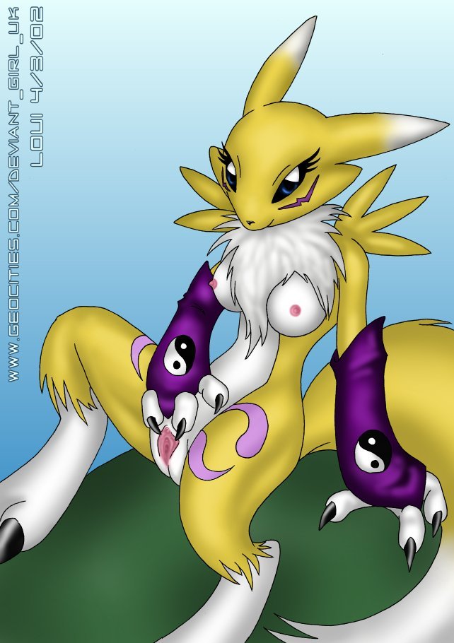 blue_eyes breasts canine claws digimon female fox gloves masturbation pussy renamon sitting solo tail unknown_artist yellow