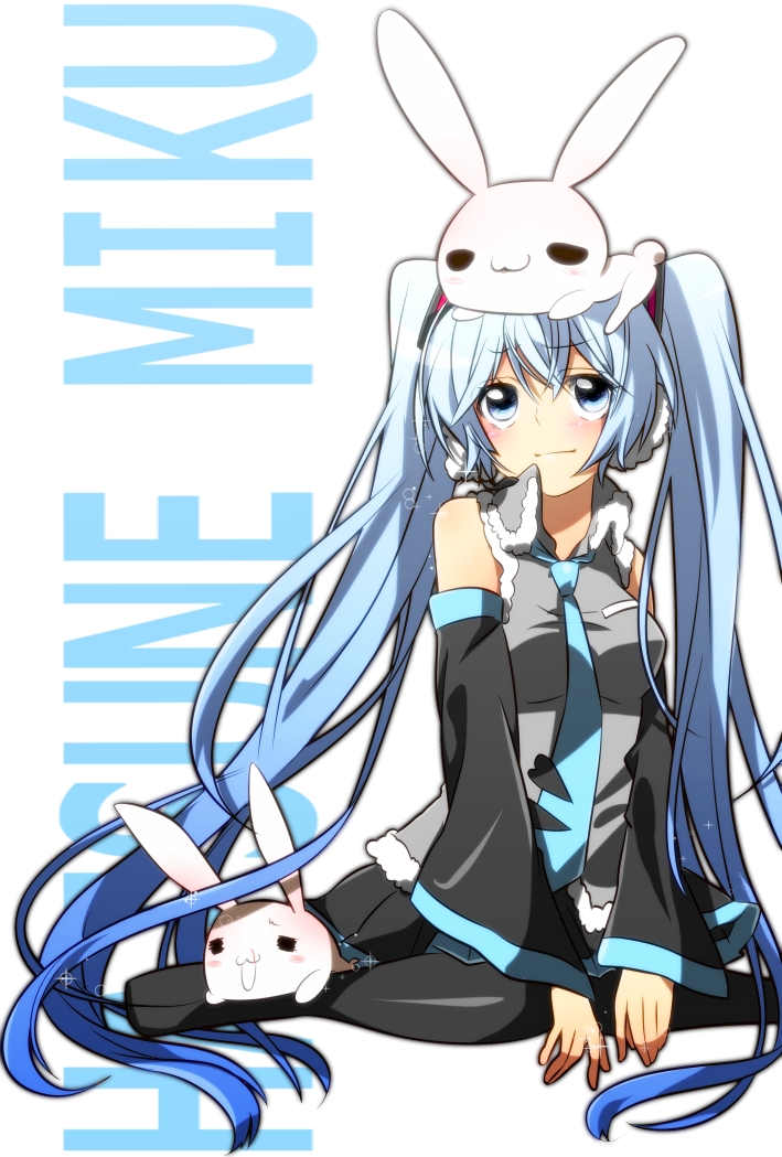 :3 bad_id bad_pixiv_id blue_eyes blue_hair bunny detached_sleeves earmuffs hatsune_miku headset long_hair necktie object_on_head pantyhose sakuragi_ren sitting skirt solo twintails very_long_hair vocaloid