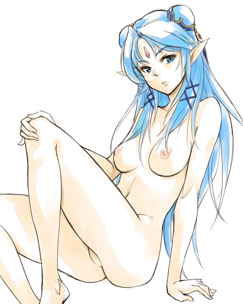 arm_support barefoot blue_eyes blue_hair breasts double_bun elf face forehead_jewel gus_(clarkii) hand_on_own_knee lips medium_breasts navel nipples no_pussy nude pointy_ears remedia_kalar sketch solo toushin_toshi_iii