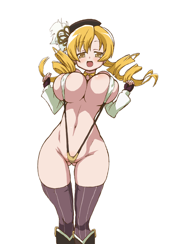 beret blonde_hair boots breasts detached_sleeves drill_hair gloves gokkun_tororojiru hat huge_breasts mahou_shoujo_madoka_magica slingshot_swimsuit solo swimsuit thighhighs tomoe_mami twin_drills twintails wide_hips yellow_eyes