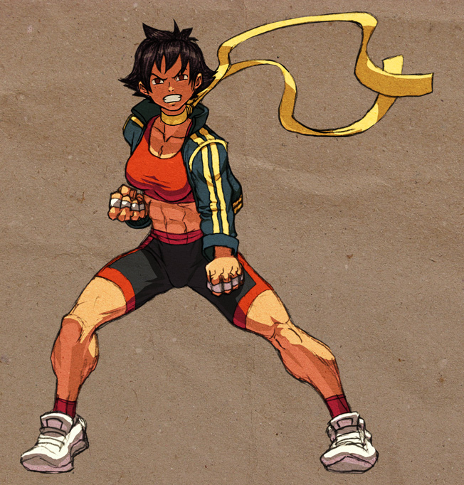abs alternate_costume bandages bike_shorts black_hair breasts brown_eyes clenched_hands jacket josef_axner makoto_(street_fighter) medium_breasts midriff muscle open_clothes open_jacket ribbon shirt shoes short_hair sneakers socks solo sports_bra street_fighter street_fighter_iii_(series) tank_top taut_clothes taut_shirt tomboy track_jacket