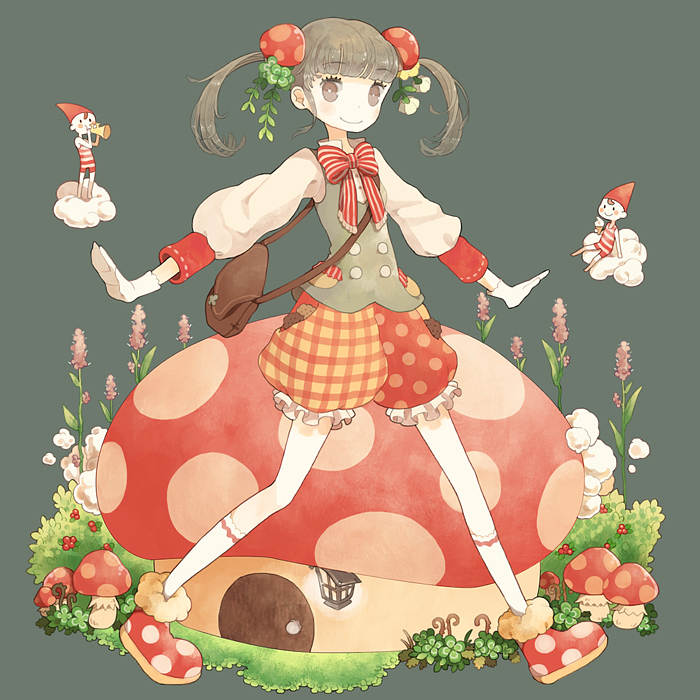 bad_id bad_pixiv_id bag bangs blunt_bangs bow cloud clover cookie double-breasted flower food food_themed_hair_ornament four-leaf_clover frilled_shorts frills full_body gloves gnome grey_background grey_eyes grey_hair hair_flower hair_ornament hat leaf_hair_ornament long_sleeves mushroom mushroom_hair_ornament original outstretched_arms plaid plaid_shorts polka_dot polka_dot_shorts pom_(soupy) red_shorts shorts smile socks solo spread_arms striped striped_bow twintails vest white_gloves white_legwear