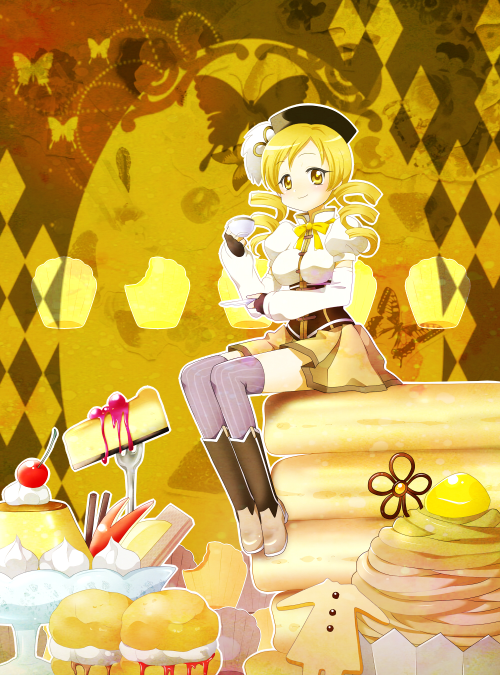 blonde_hair blush cup drill_hair fingerless_gloves food gloves hat highres kagami_chihiro magical_girl mahou_shoujo_madoka_magica ribbon short_hair skirt smile solo sweets tea teacup thighhighs tomoe_mami twintails yellow_eyes