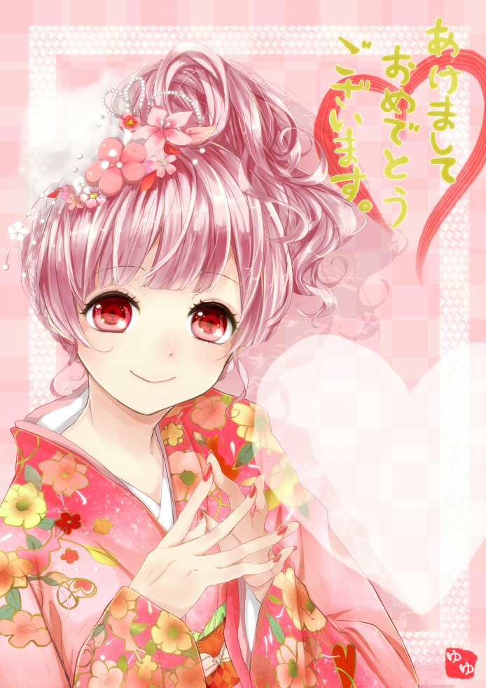 akeome bad_id bad_pixiv_id hadaarennjared hair_ornament happy_new_year heart japanese_clothes kimono new_year original pink_hair red_eyes smile solo upper_body