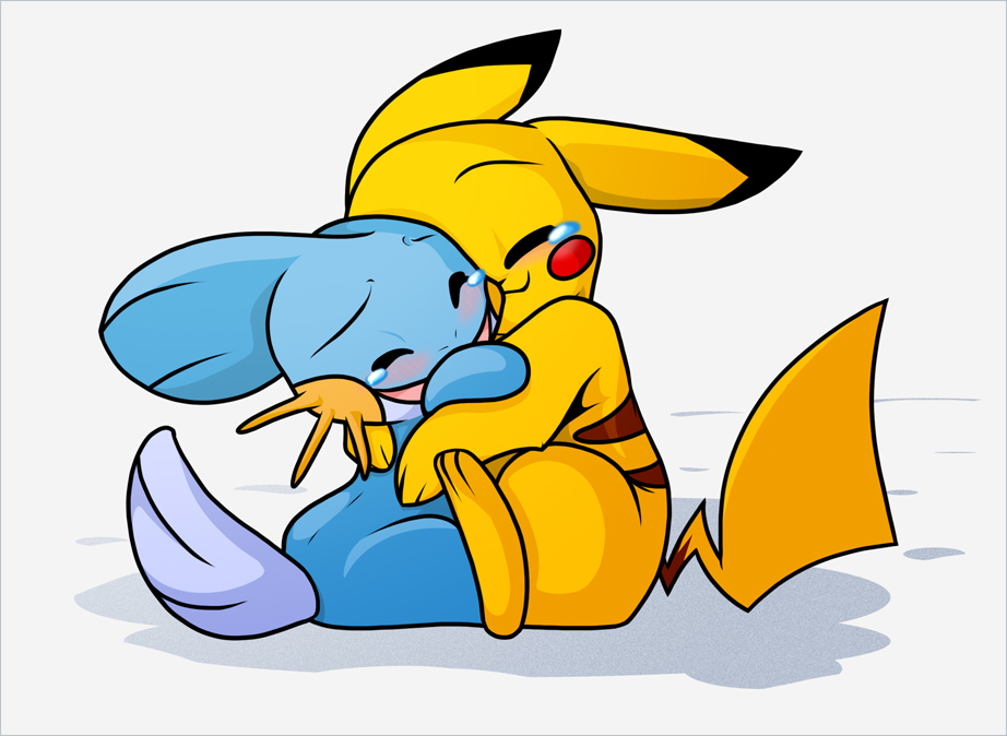 cute duo feral feral_on_feral hug mudkip nintendo pikachu pok&#233;mon pok&eacute;mon smile tears unknown_artist video_games