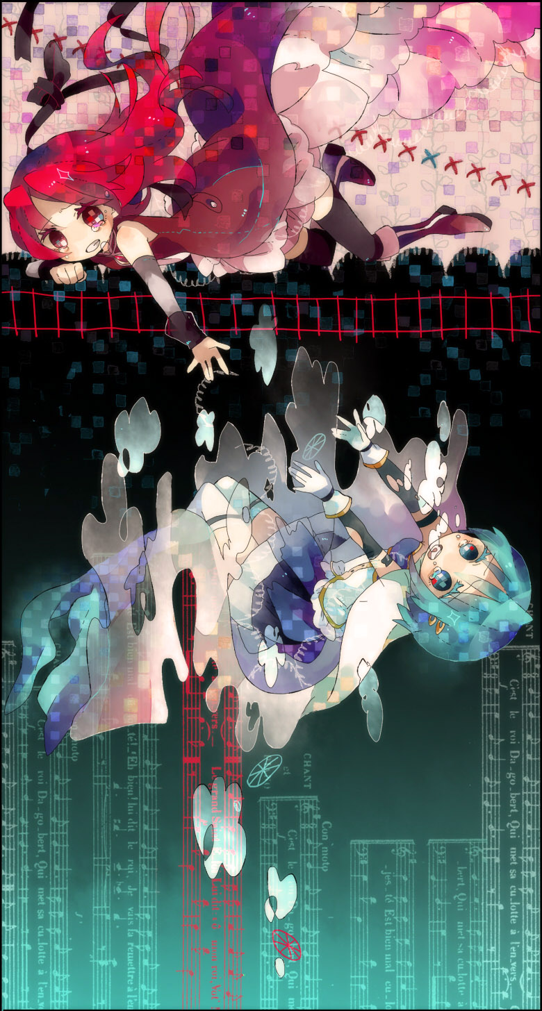 alternate_hairstyle bad_id bad_pixiv_id bass_clef blue_hair boots bubble cape clenched_teeth dotted_quarter_note eighth_note eighth_rest falling french gloves hair_ornament hairclip highres long_hair lyrics magical_girl mahou_shoujo_madoka_magica maple_(cyakapon) miki_sayaka multiple_girls musical_note outstretched_hand quarter_note railroad_tracks red_eyes red_hair sakura_kyouko sharp_sign sheet_music short_hair tears teeth thighhighs time_signature treble_clef underwater white_gloves witch's_labyrinth