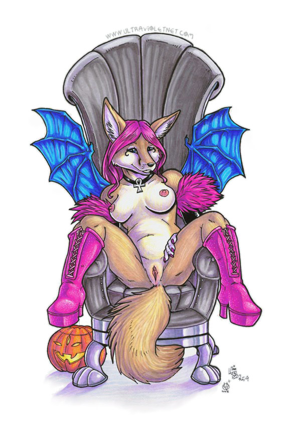 2006 ankh anus bat_wings boots breasts canine chair collaboration female fennec fox hair jack-o-lantern knee-high_boots long_hair long_pink_hair loupgarou necklace nude pink_hair platform_shoes presenting pumpkin pussy solo spread_legs spreading ultraviolet wings