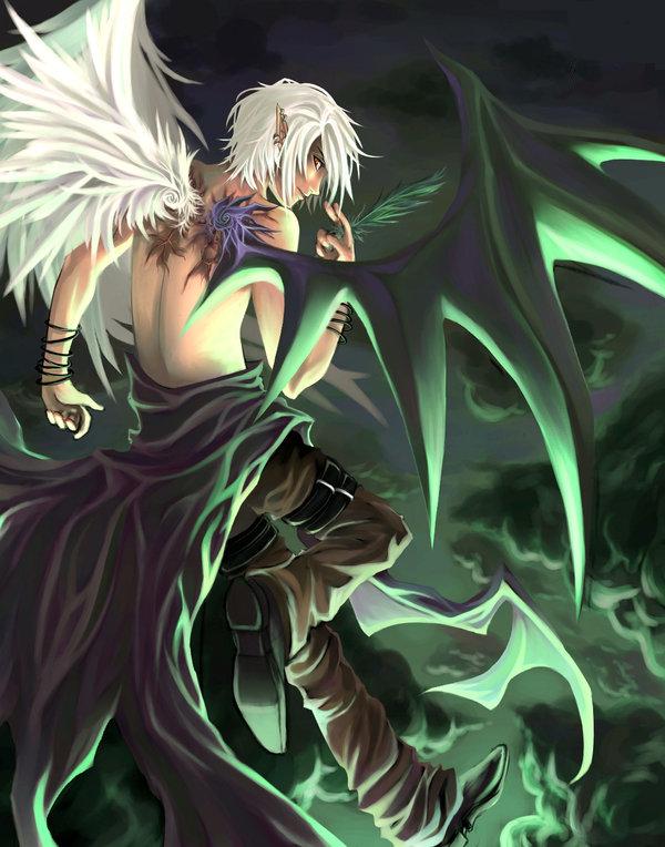 bangles black_wing clouds cracked_skin deity elf feather gray_eyes green hair leather pants topless white_hair white_wing