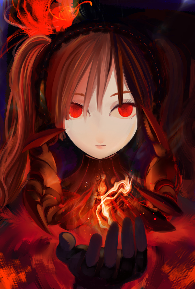 bad_id bad_pixiv_id banned_artist brown_hair close-up expressionless eyelashes face fingerless_gloves fire gloves hairband hands harano layla_(sound_horizon) red_eyes seisen_no_iberia solo sound_horizon twintails