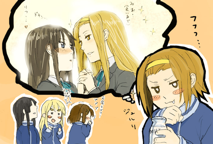 =_= akiyama_mio alternate_hair_length alternate_hairstyle blush blush_stickers fourth_wall fukutarou_(enji127) hirasawa_yui imagining k-on! kotobuki_tsumugi laughing long_hair milk multiple_girls tainaka_ritsu thought_bubble translated yuri yurijoshi