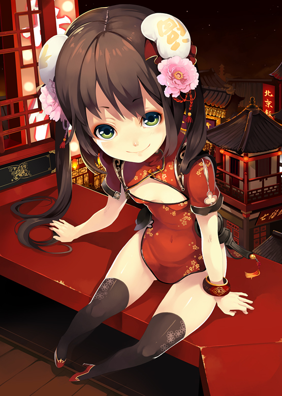 architecture bad_id bad_pixiv_id bangle black_legwear bracelet brown_hair bun_cover china_dress chinese_clothes cleavage_cutout double_bun dress east_asian_architecture flat_chest flower foreshortening from_above green_eyes hair_flower hair_ornament high_heels jewelry long_hair original riku_(wana) shoes sitting smile solo thighhighs twintails very_long_hair