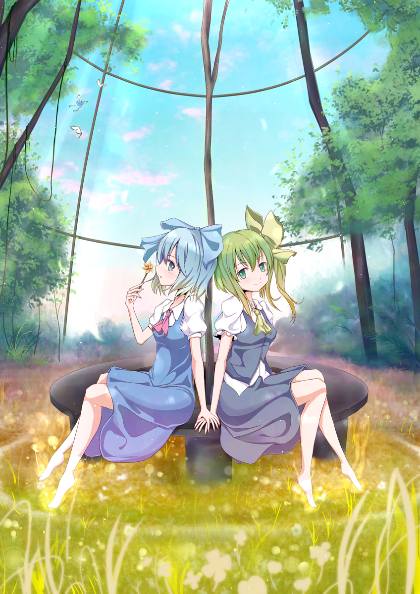 ahirun ascot back-to-back bad_anatomy barefoot blue_eyes blue_hair bow bug butterfly cirno daiyousei dress flower green_eyes green_hair hair_bow highres holding_hands insect multiple_girls nature no_wings ponytail short_hair side_ponytail sitting touhou
