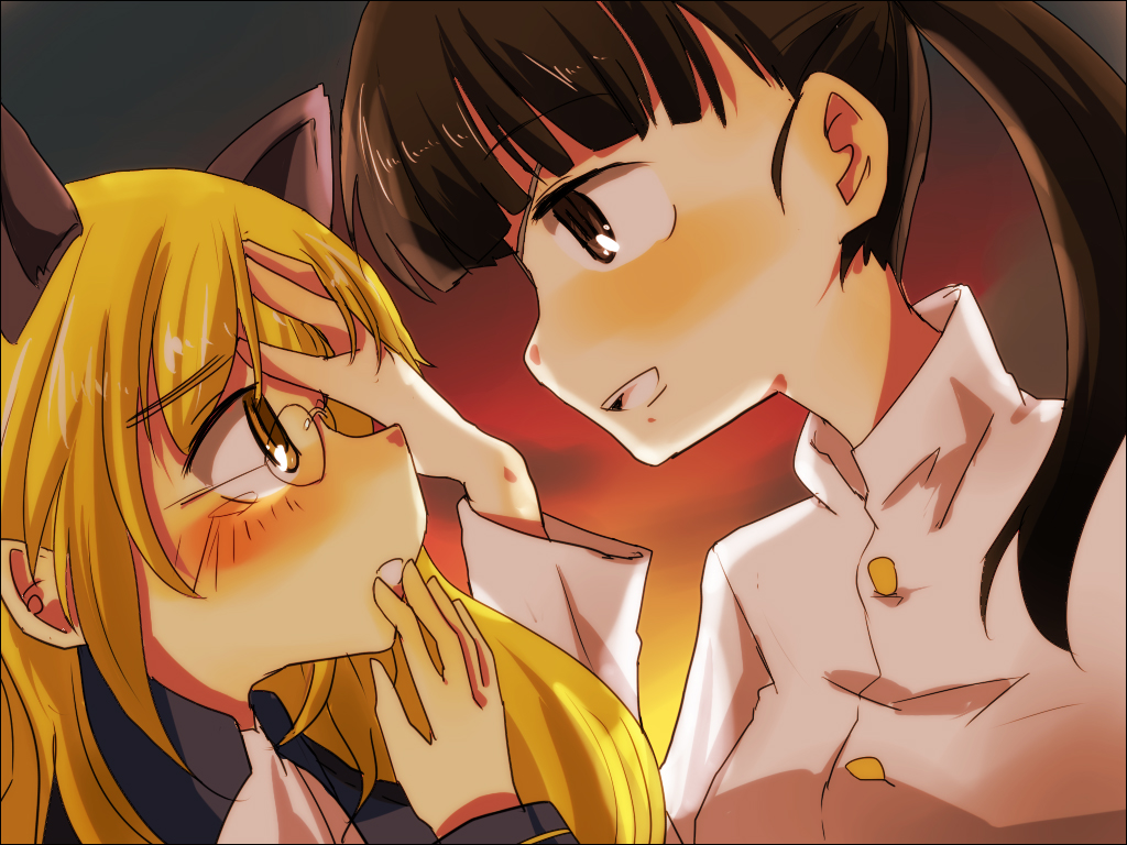animal_ears black_hair blonde_hair brown_eyes cat_ears eye_contact glasses kiko_(strategist) long_hair looking_at_another military military_uniform multiple_girls perrine_h_clostermann ponytail sakamoto_mio strike_witches uniform world_witches_series yellow_eyes
