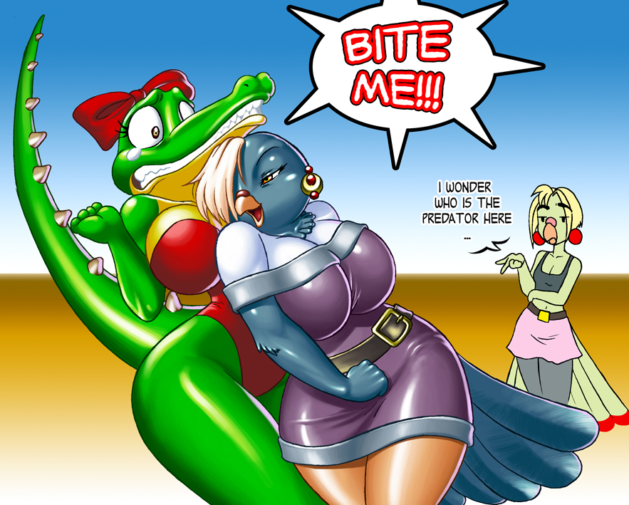 aligator alligator avian belt big_breasts bird bittenhard bow breasts chochi dialog english_text female lesbian parrot patty petra piercing pigeon reptile scalie standing text the_first_funky_fighter