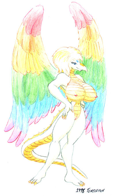 1998 big_breasts breasts dragon female flammie nipples plain_background solo templeton templeton_(artist) white_background