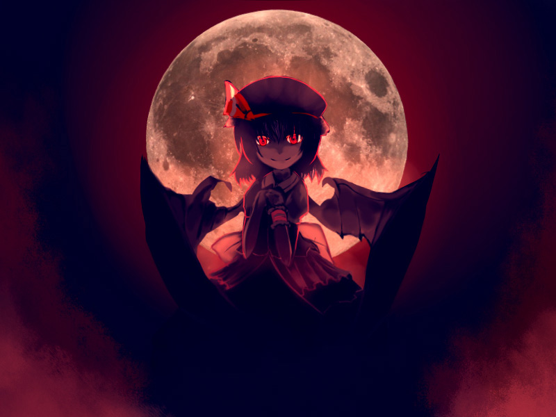 bat_wings full_moon glowing glowing_eyes hat moon red_eyes red_moon remilia_scarlet solo suisa touhou wings