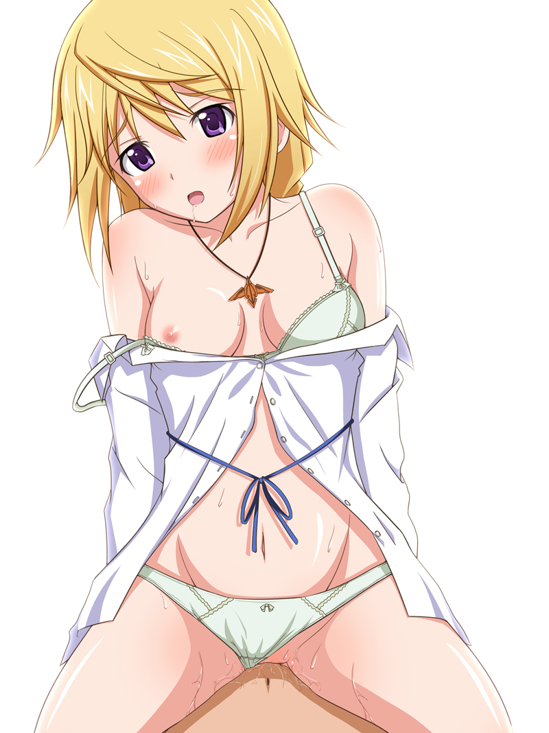 bare_shoulders blonde_hair blush breasts charlotte_dunois drooling infinite_stratos jewelry lingerie navel nipples open_mouth panties panties_aside pendant purple_eyes ribbon sex shirt_slip small_breasts solo_focus strap_slip takamin_apaman underwear vaginal