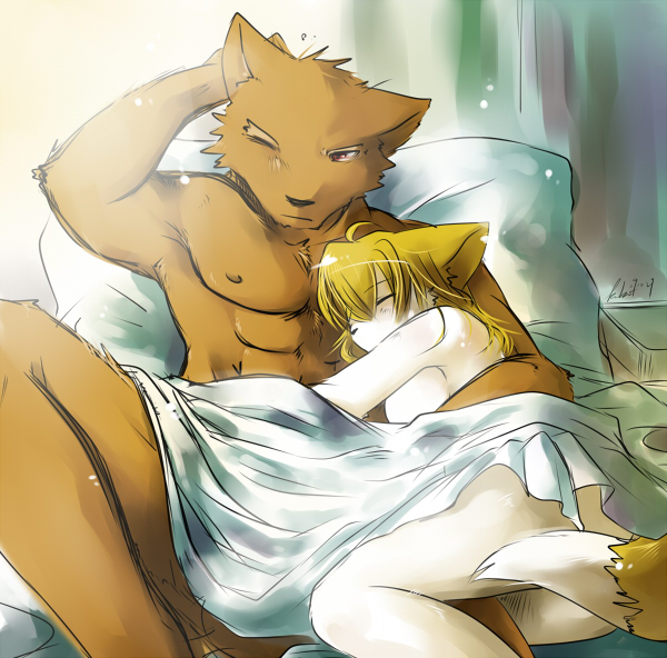 bed breasts canine couple dog female fox kubikitsune kubikitsune_(artist) male nude rudolf side_boob size_difference snuggle straight