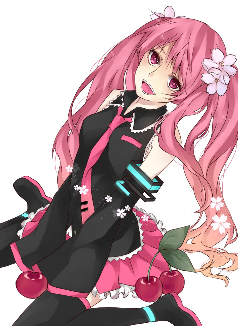 alternate_color bad_id bad_pixiv_id black_footwear boots cherry cherry_blossoms detached_sleeves flower food fruit hair_flower hair_ornament hatsune_miku long_hair misa1007 object_namesake open_mouth pink_eyes pink_hair sakura_miku sitting skirt sleeves_past_wrists solo thigh_boots thighhighs twintails vocaloid wariza