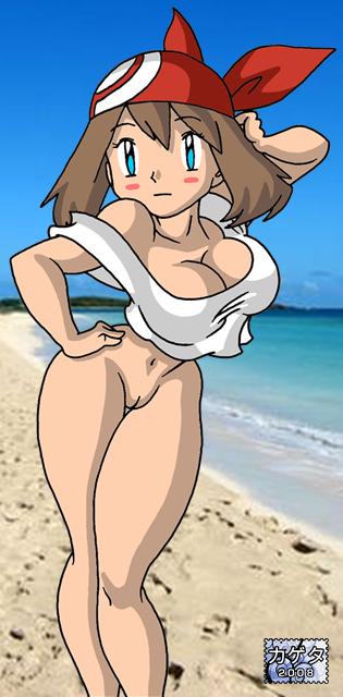 beach blue_eyes brown_hair haruka_(pokemon) large_breasts pokemon