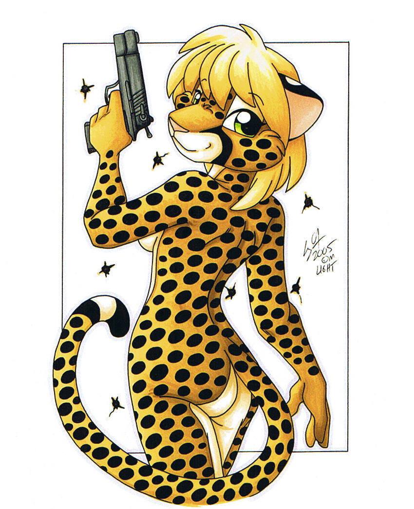 butt cheetah feline female gun michele_light nude solo weapon