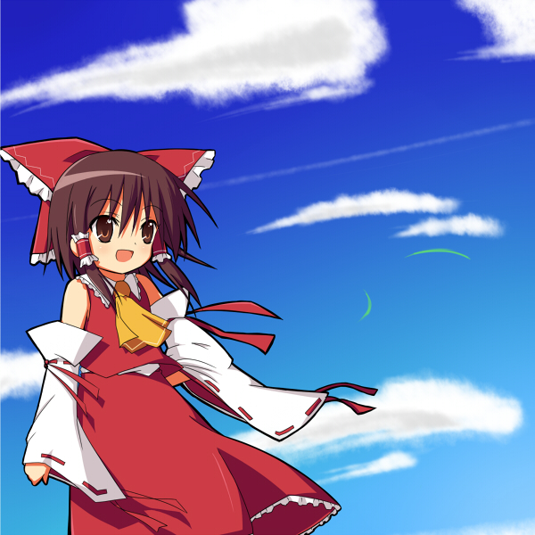 bad_id bad_pixiv_id bare_shoulders brown_eyes brown_hair day detached_sleeves hakurei_reimu hinata_ichi short_hair sky solo touhou