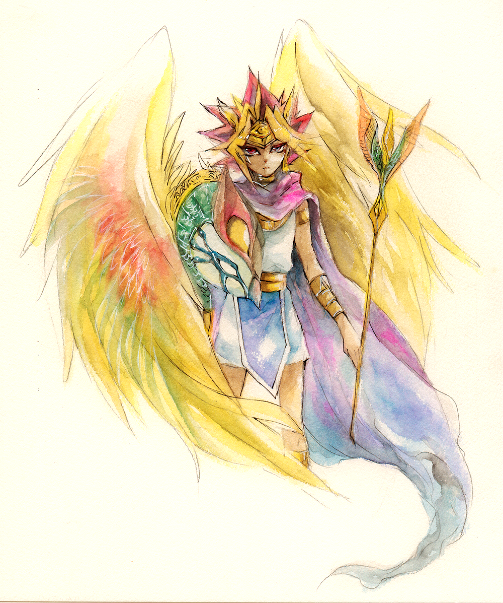 artist_request atem bird cape duel_monster earrings egyptian heterochromia jewelry male_focus multicolored_hair neck_ring solo source_request staff yuu-gi-ou yuu-gi-ou_duel_monsters