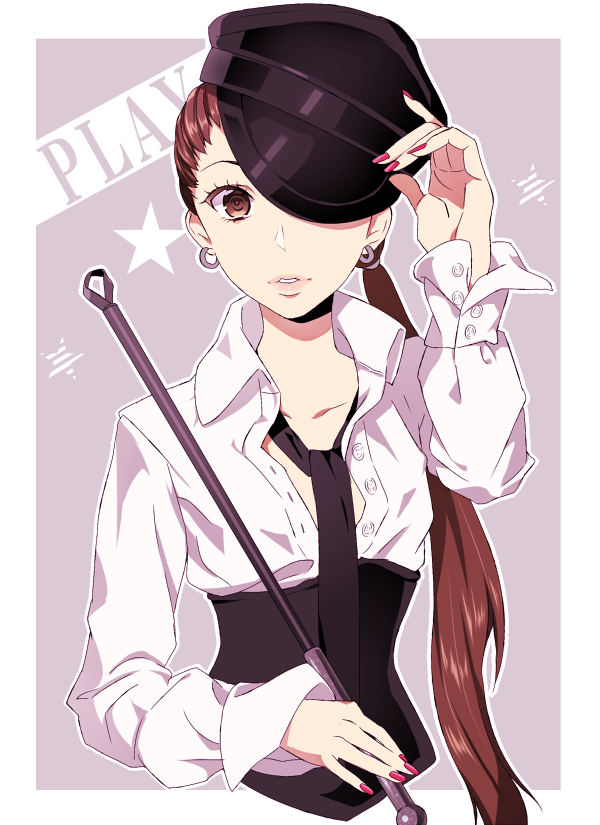 bad_id bad_pixiv_id baton brown_eyes brown_hair character_request copyright_request face hat long_hair minami_haruya solo