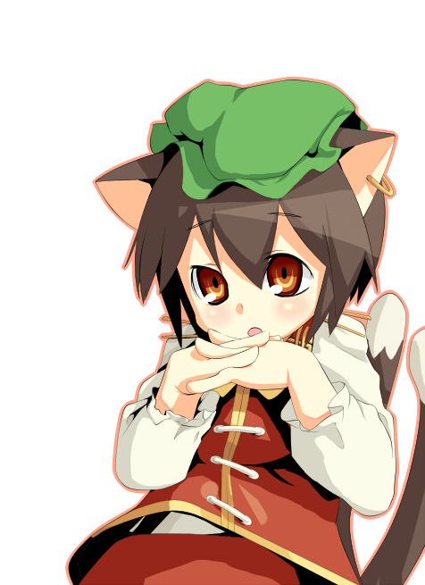 animal_ears bad_id bad_pixiv_id brown_eyes brown_hair cat_ears cat_tail chen earrings fuji-k hands_clasped hat jewelry multiple_tails own_hands_together short_hair solo tail touhou