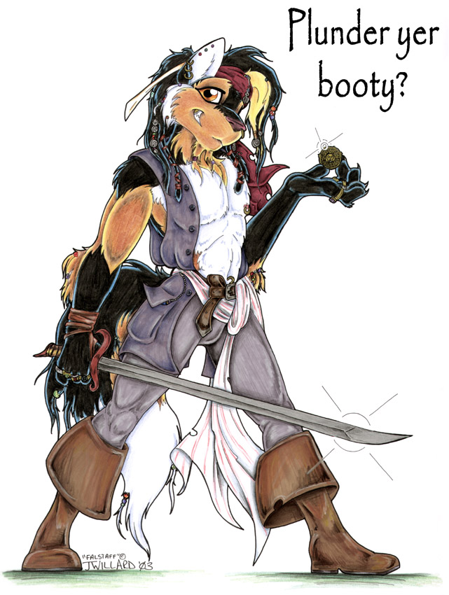 bandanna black_hair boots canine ear_piercing falstaff hair jessica_willard male nipple_piercing nipples open_shirt orange_eyes piercing pirate solo sword weapon wolf