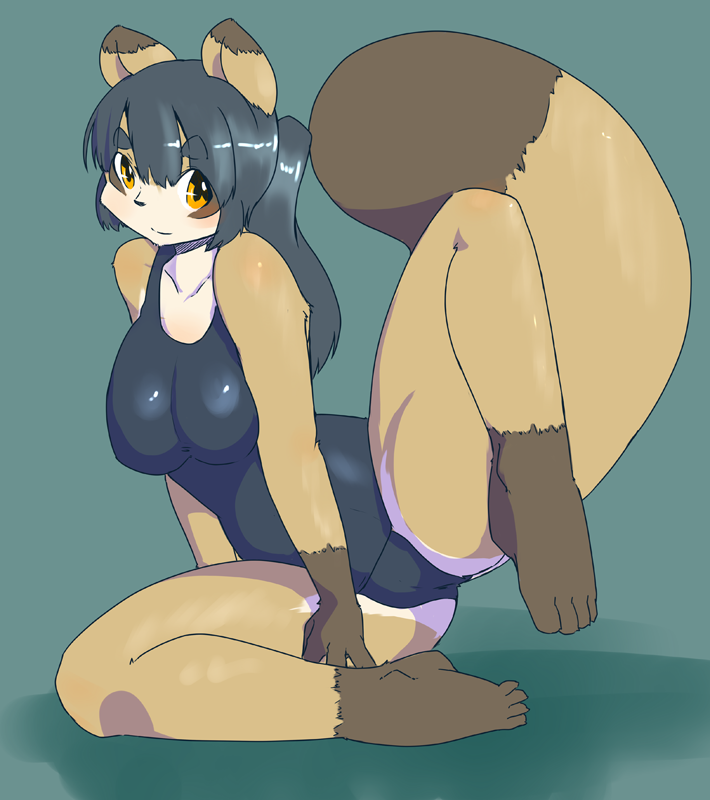 blue_hair breasts female hair long_blue_hair long_hair looking_at_viewer mammal novsilv one-piece_swimsuit raccoon solo spread_legs spreading swimsuit tail