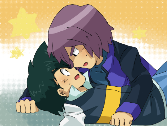 2boys black_eyes black_hair child kiss lying male male_focus multiple_boys on_back pinned pokemon pokemon_(anime) purple_hair satoshi_(pokemon) shinji_(pokemon) surprised yaoi