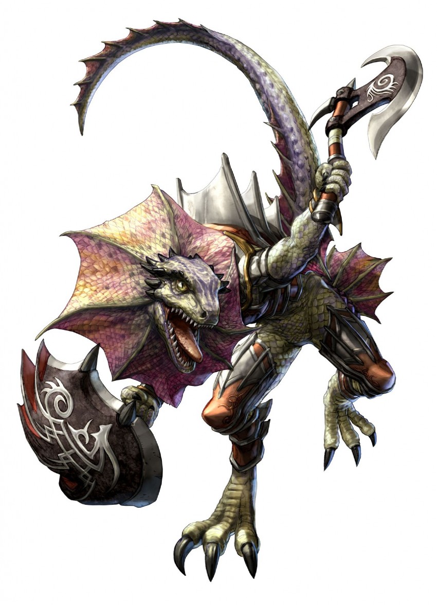 armor axe bent_over charging claws horns lizard lizardman male open_mouth scalie shield solo soul_calibur three-toed tongue toothy unknown_artist warrior weapon