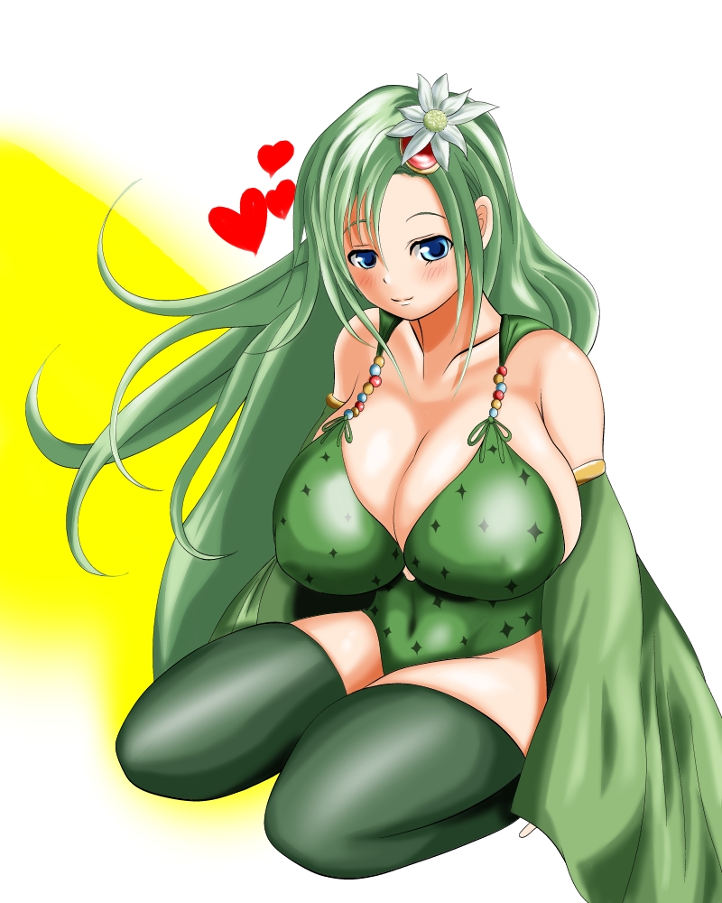 bare_shoulders blue_eyes breasts cleavage curvy detached_sleeves female final_fantasy final_fantasy_iv flower full_body gradient gradient_background green_hair hair_ornament heart hearts huge_breasts kneeling long_hair no_pants ponzu_yuki rydia sayaka_haore_no_yome simple_background sitting solo thighhighs white_background