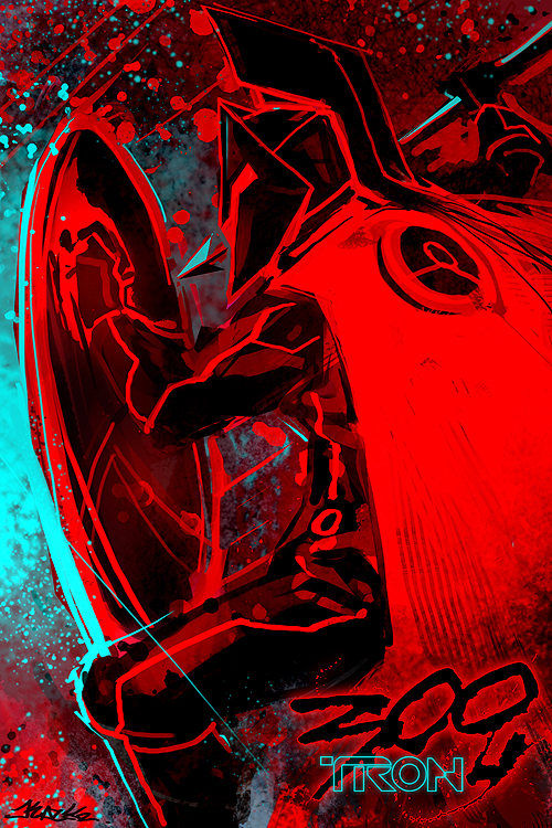 300 aspis cape copyright_name disc_(tron) helmet hoplite kazeco leonidas male_focus neon_trim parody polearm red red_background shield solo spear tron tron:_legacy weapon