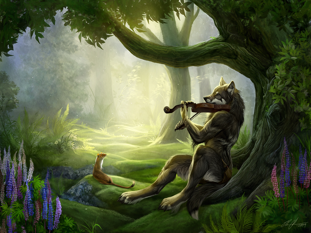 ailah anthro audience awesome canine couple ermine feral ferns flowers forest freely_redistributable freely_reusable glade lupins male music plants stoat sunlight tree violin weasel wolf woodland