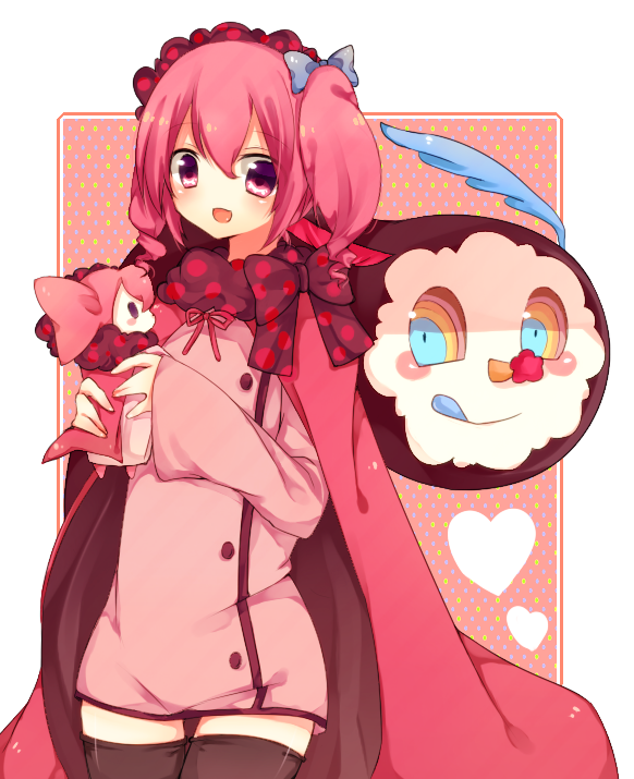 bad_id bad_pixiv_id cape charlotte_(madoka_magica) dress hairband hikagexx mahou_shoujo_madoka_magica personification pink_eyes pink_hair polka_dot short_hair short_twintails sleeves_past_wrists solo thighhighs twintails zettai_ryouiki