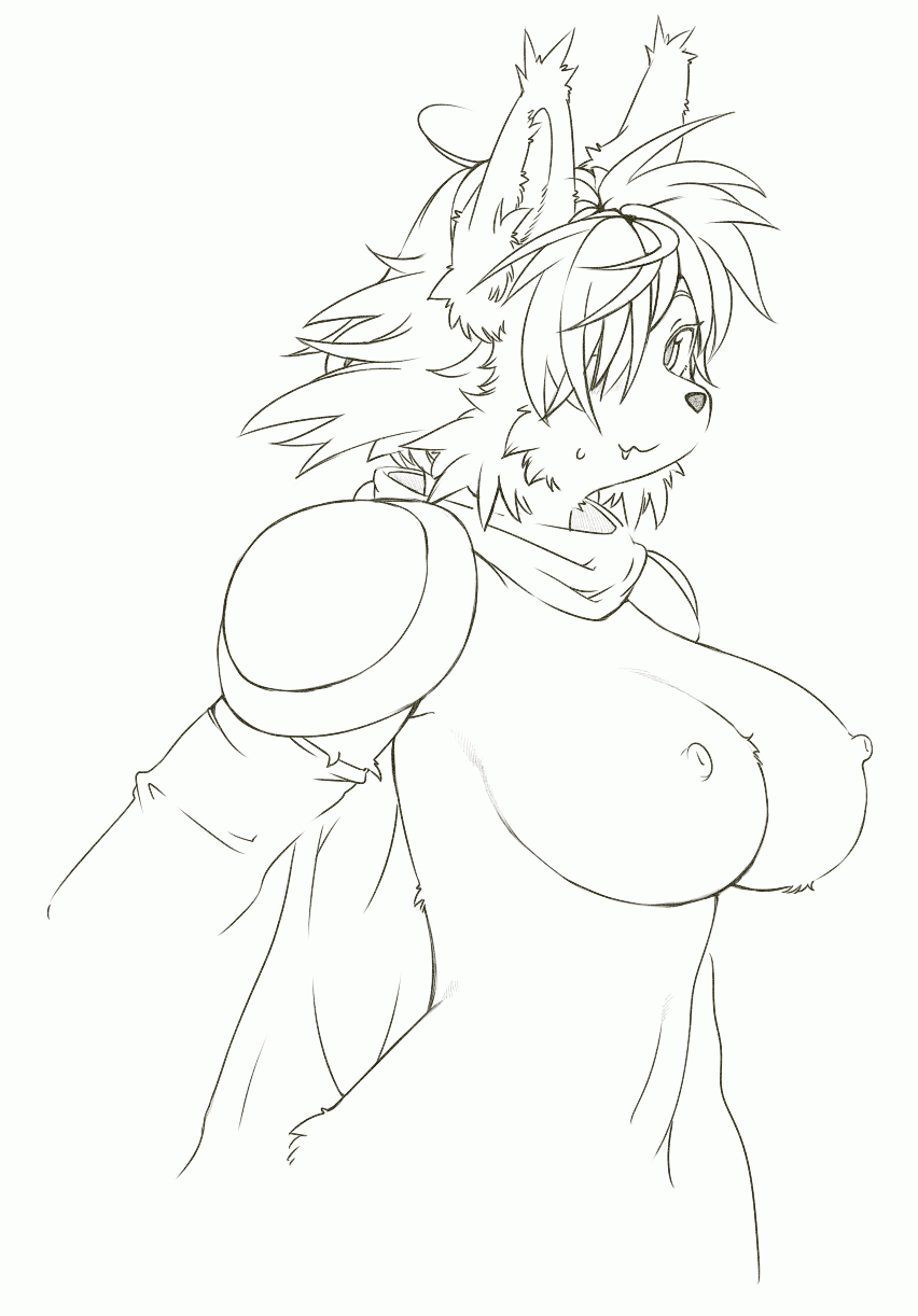 alef big_breasts black_and_white breasts canine cape dog fang female fox greyscale hair hair_over_eye kemono line_art looking_at_viewer monochrome nipples nude pose scarf sega shining_force sindoll solo sweat uncolored video_games vixen white_background wolf