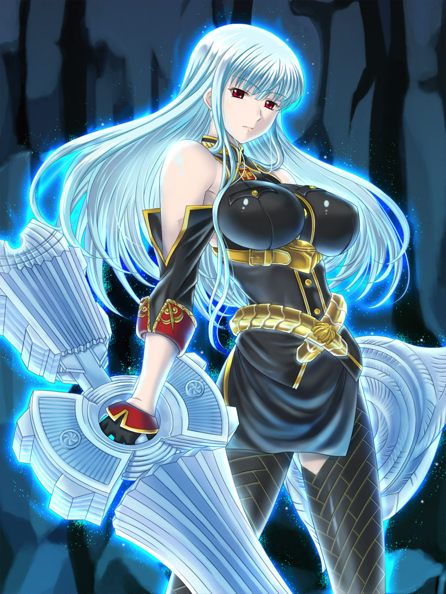 breasts detached_sleeves glowing highres impossible_clothes impossible_shirt large_breasts legs long_hair military red_eyes selvaria_bles senjou_no_valkyria shirt silver_hair solo sword thighhighs thighs tonbidou uniform weapon white_hair