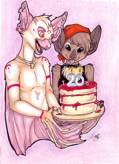2007 albino bandanna bat birthday black_eyes blue_eyes bone brown cake clothed collar couple cute female food heterochromia holly_massey leaf_nosed_bat male markings open_mouth pink_eyes skade skull spiked_collar spots tongue tongue_out unknown_character white wings