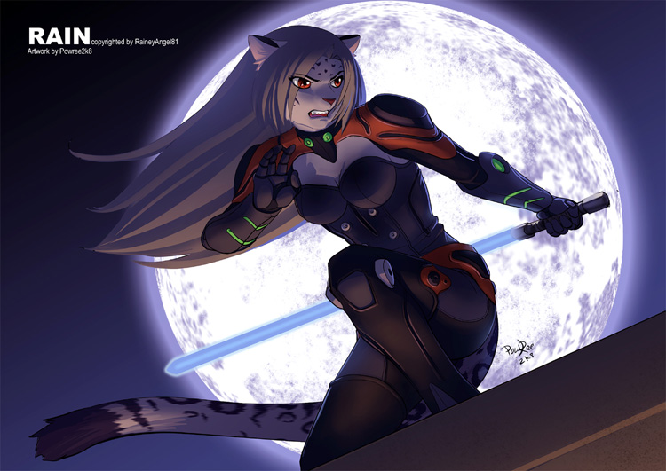 action cat corset feline female moon ninja powree rain_(character) rooftop solo sword weapon