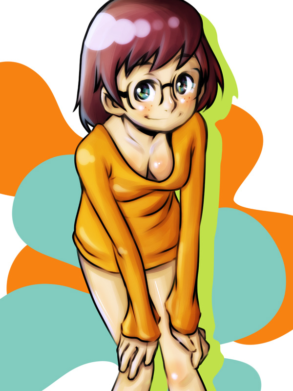 bad_id bad_pixiv_id breasts brown_hair cleavage downblouse freckles glasses green_eyes hands_on_own_knees medium_breasts scooby-doo simon_jones smile solo sweater velma_dace_dinkley