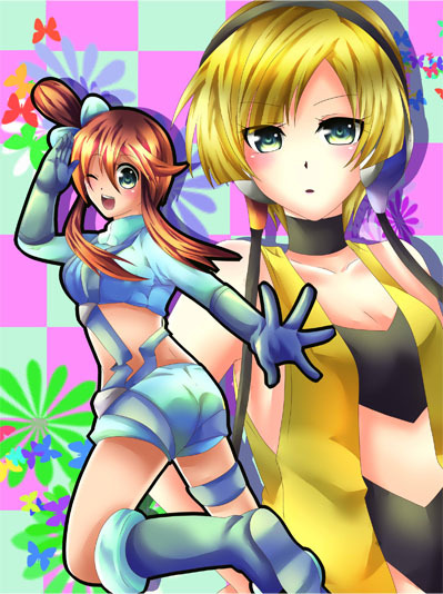 2girls blush character_request fuuro_(pokemon) gym_leader kamitsure_(pokemon) multiple_girls pokemon smile wink