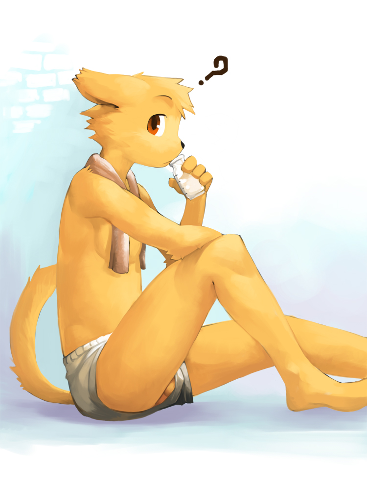cat feline fur male mammal plain_background side_view sitting solo topless towel vu06 wardrobe_malfunction white_background yellow_fur