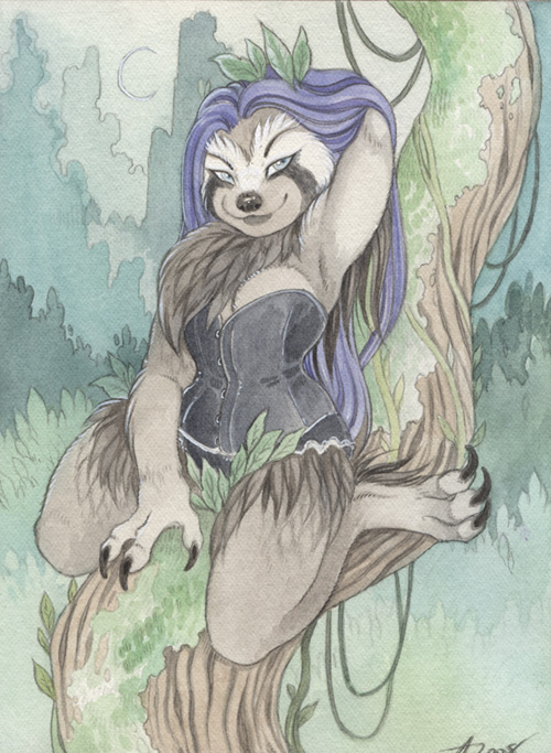 blue_hair branch chubby corset female hair raised_arm sangluna smile solo three-toed_sloth