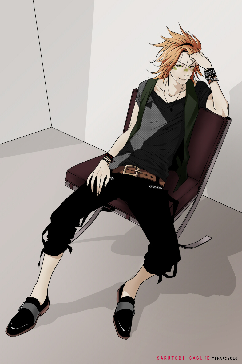 2010 belt bracelet chair character_name collarbone contemporary facial_mark green_eyes jewelry male_focus necklace orange_hair sarutobi_sasuke sengoku_basara sitting solo spiked_bracelet spiked_hair spikes temari114 vest wristband