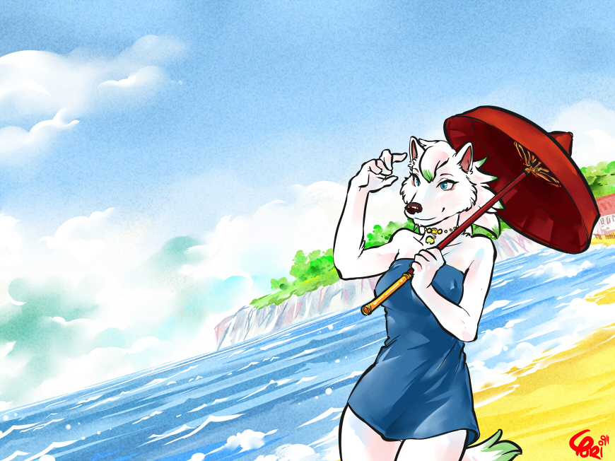 animal_crossing beach bianca_(animal_crossing) canine dress female parasol seaside solo summer this_big wolf yuki-chi