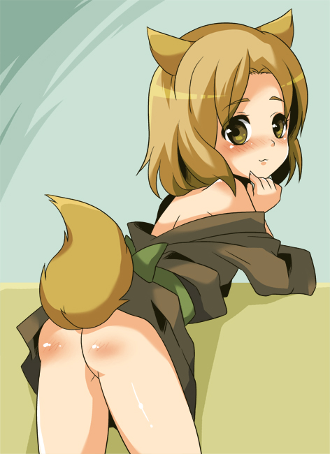 1boy animal_ears ass bad_id bent_over blush brown_eyes brown_hair fox_ears kogitsune looking_back male male_focus moko_(mocco) natsume_yuujinchou no_pants sandals short_hair simple_background solo tail trap